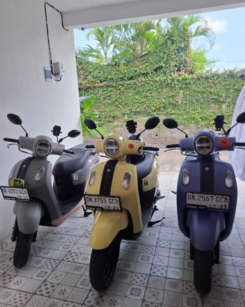 Three Yamaha Fazzio motorbikes at Lucky Rental shop in Seminyak, Bali